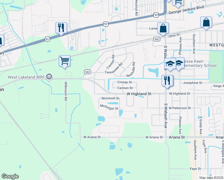 map of restaurants, bars, coffee shops, grocery stores, and more near 2536 Cannon Street in Lakeland