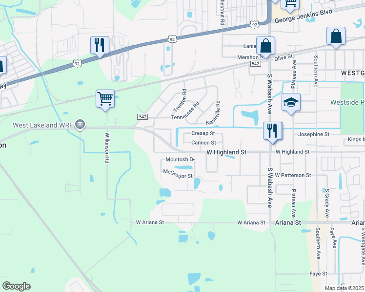 map of restaurants, bars, coffee shops, grocery stores, and more near 2536 Cannon Street in Lakeland