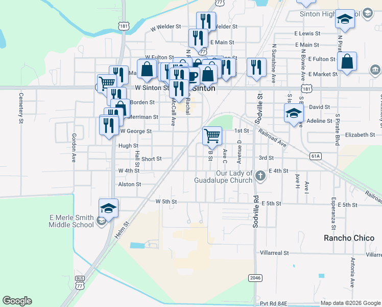 map of restaurants, bars, coffee shops, grocery stores, and more near 519 South Rachal in Sinton