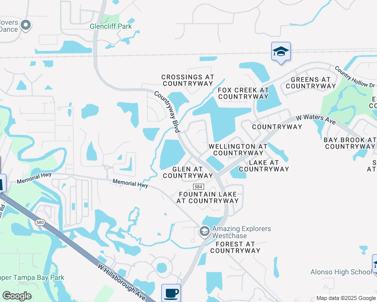 map of restaurants, bars, coffee shops, grocery stores, and more near Countryway Boulevard in Tampa