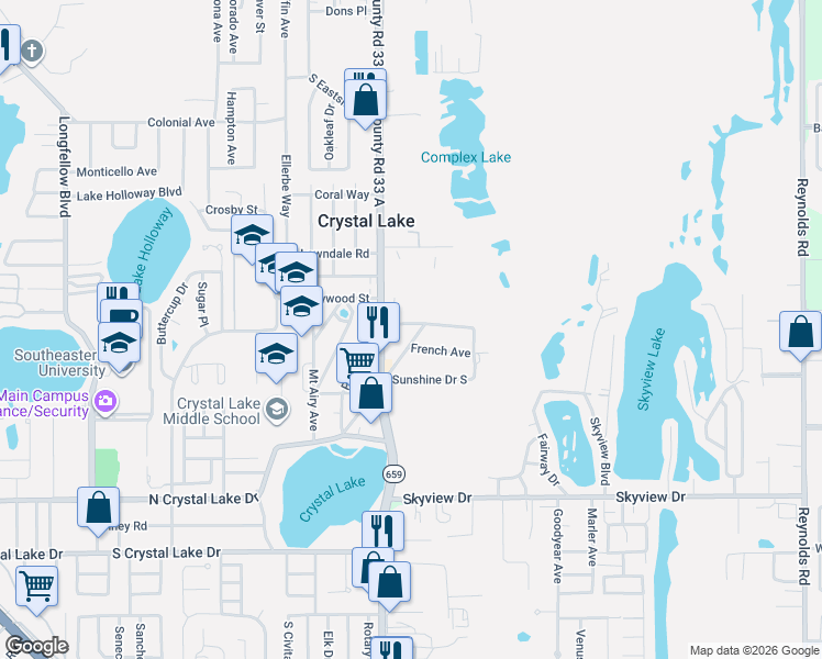 map of restaurants, bars, coffee shops, grocery stores, and more near 2612 Sunshine Drive North in Lakeland