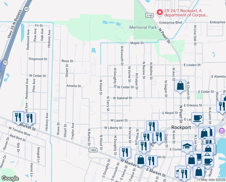 map of restaurants, bars, coffee shops, grocery stores, and more near 920 North Doughty Street in Rockport
