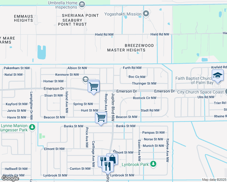 map of restaurants, bars, coffee shops, grocery stores, and more near Emerson Drive Northwest & Jupiter Boulevard Northwest in Palm Bay