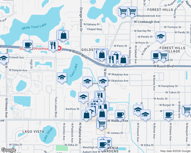 map of restaurants, bars, coffee shops, grocery stores, and more near 8913 North Arrawana Avenue in Tampa