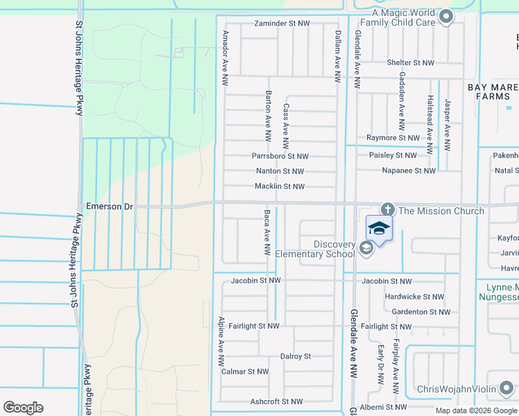 map of restaurants, bars, coffee shops, grocery stores, and more near 42 Emerson Drive Northwest in Palm Bay