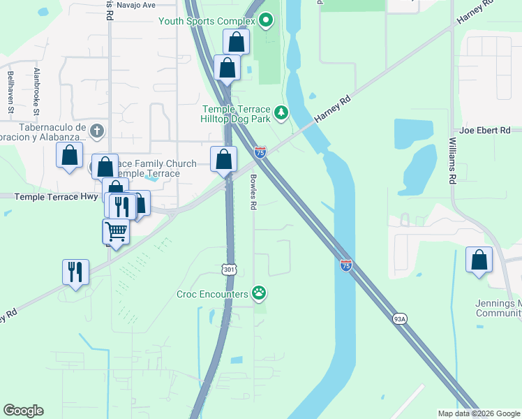 map of restaurants, bars, coffee shops, grocery stores, and more near 9109 Back Up Road in Tampa