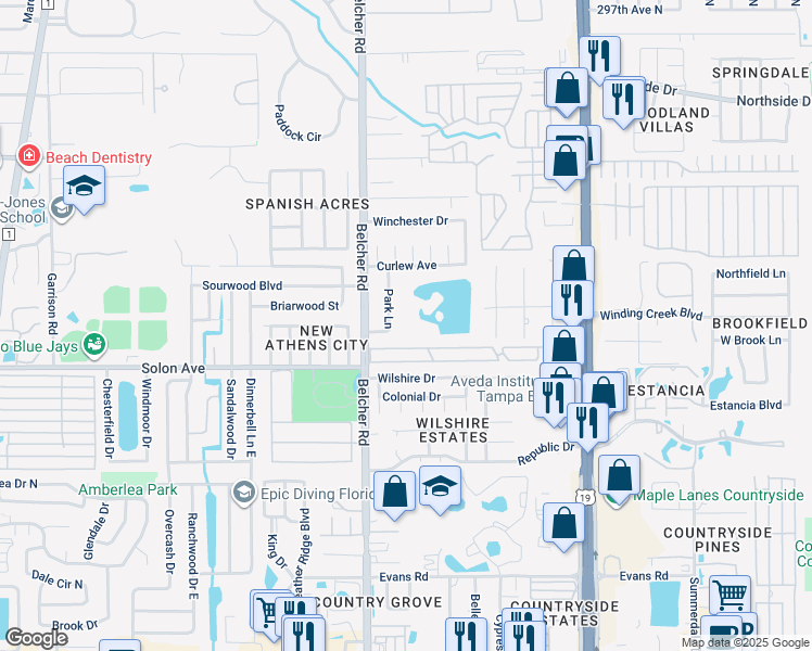 map of restaurants, bars, coffee shops, grocery stores, and more near 3041 Park Lane in Dunedin