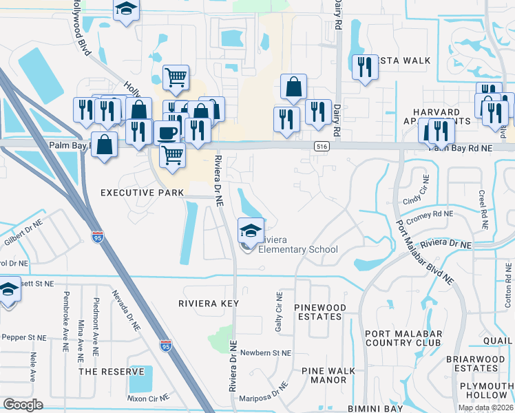 map of restaurants, bars, coffee shops, grocery stores, and more near 101 Malibu Circle Northeast in Palm Bay