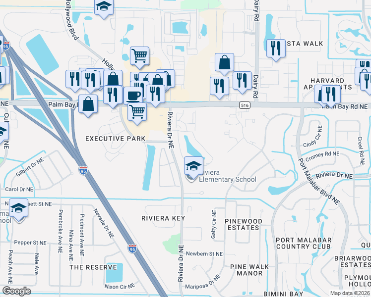 map of restaurants, bars, coffee shops, grocery stores, and more near 1425 Malibu Circle Northeast in Palm Bay