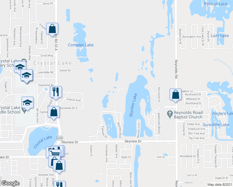 map of restaurants, bars, coffee shops, grocery stores, and more near 1101 Skyview Boulevard in Lakeland