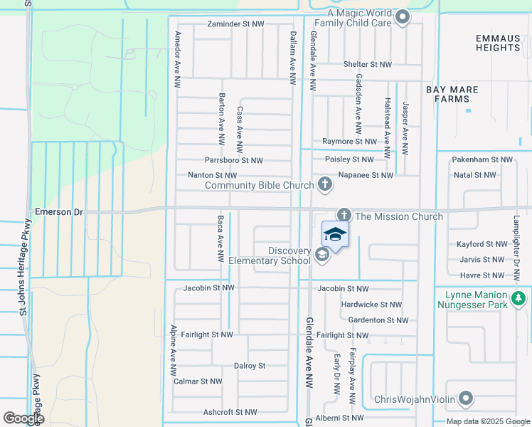 map of restaurants, bars, coffee shops, grocery stores, and more near 66 Emerson Drive Northwest in Palm Bay
