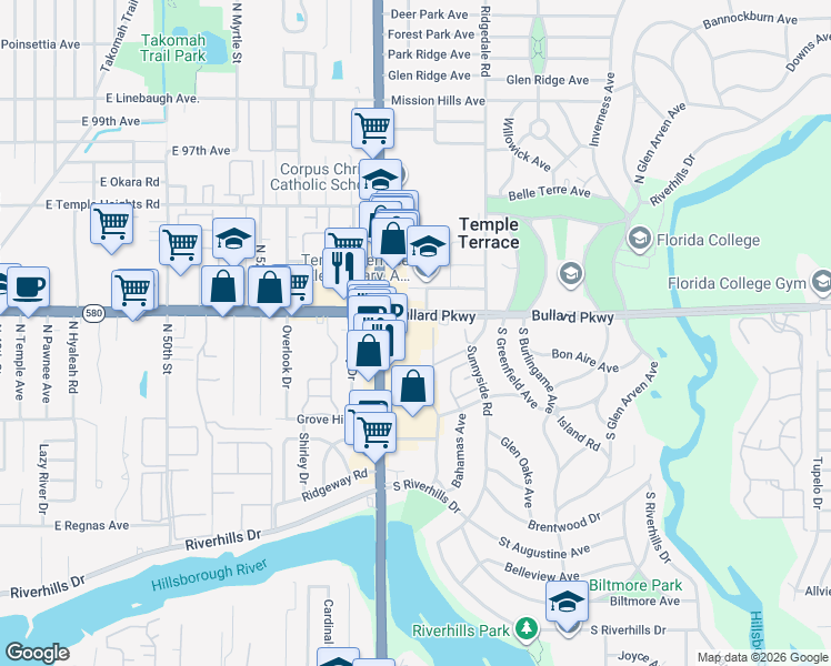 map of restaurants, bars, coffee shops, grocery stores, and more near 8901 Bertha Palmer Boulevard in Temple Terrace