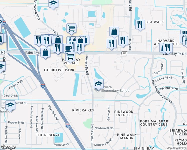 map of restaurants, bars, coffee shops, grocery stores, and more near 1425 Malibu Circle Northeast in Palm Bay