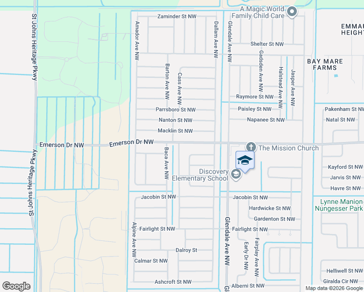 map of restaurants, bars, coffee shops, grocery stores, and more near 1397 Camas Avenue Northwest in Palm Bay