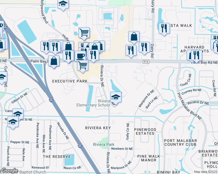 map of restaurants, bars, coffee shops, grocery stores, and more near 1425 Malibu Circle Northeast in Palm Bay