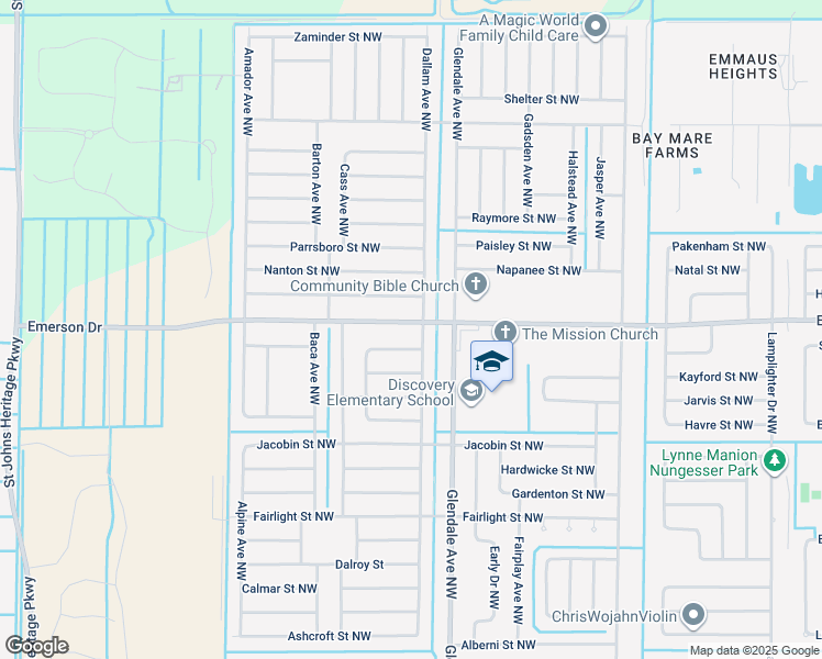 map of restaurants, bars, coffee shops, grocery stores, and more near 74 Emerson Drive Northwest in Palm Bay