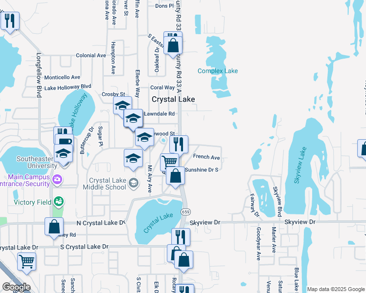map of restaurants, bars, coffee shops, grocery stores, and more near 1002 South Combee Road in Lakeland