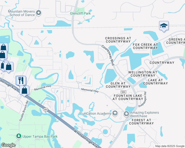 map of restaurants, bars, coffee shops, grocery stores, and more near 12302 Country White Circle in Tampa