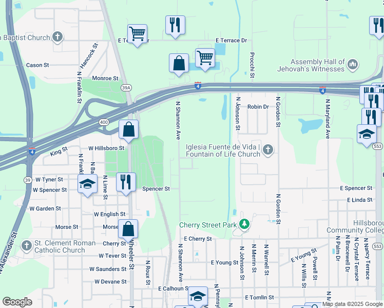 map of restaurants, bars, coffee shops, grocery stores, and more near 410 Vining Street in Plant City