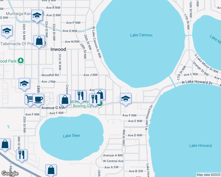 map of restaurants, bars, coffee shops, grocery stores, and more near 901 24th Street Northwest in Winter Haven