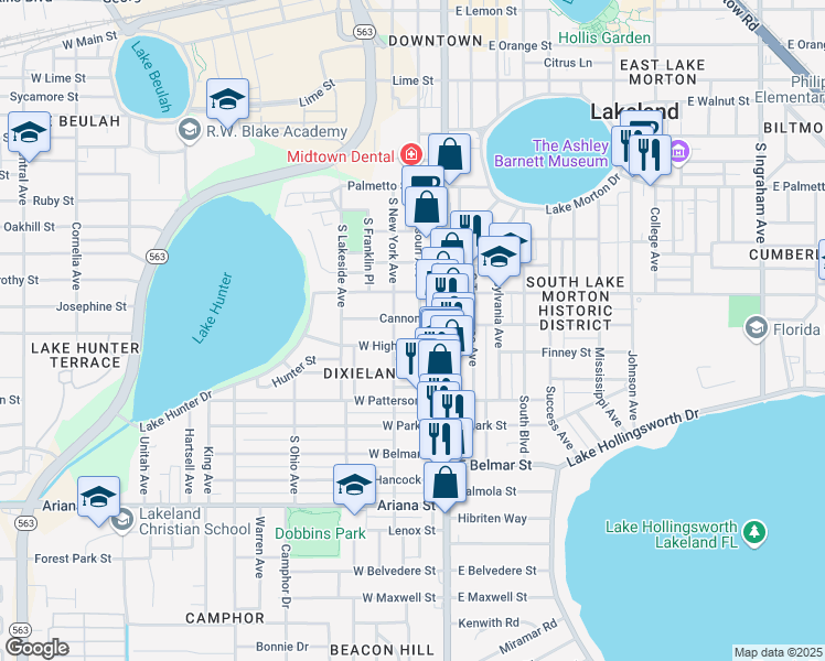 map of restaurants, bars, coffee shops, grocery stores, and more near 935 South Missouri Avenue in Lakeland