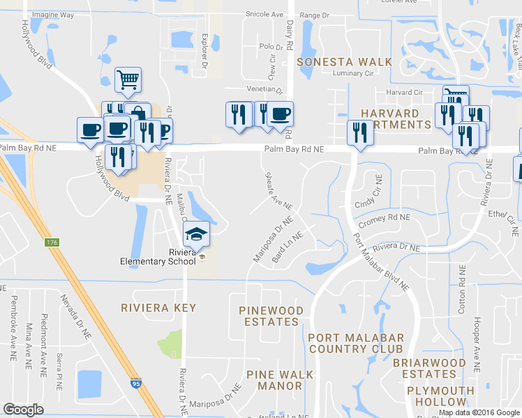map of restaurants, bars, coffee shops, grocery stores, and more near 1030 Abada Court Northeast in Palm Bay