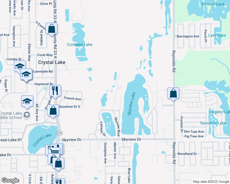 map of restaurants, bars, coffee shops, grocery stores, and more near 1101 Skyview Boulevard in Lakeland