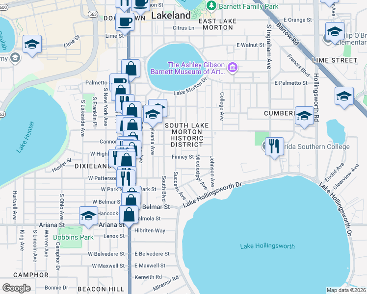 map of restaurants, bars, coffee shops, grocery stores, and more near 519 Charles Street in Lakeland
