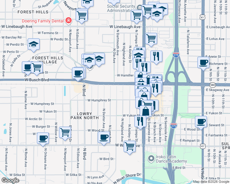 map of restaurants, bars, coffee shops, grocery stores, and more near 8919 North Lynn Avenue in Tampa
