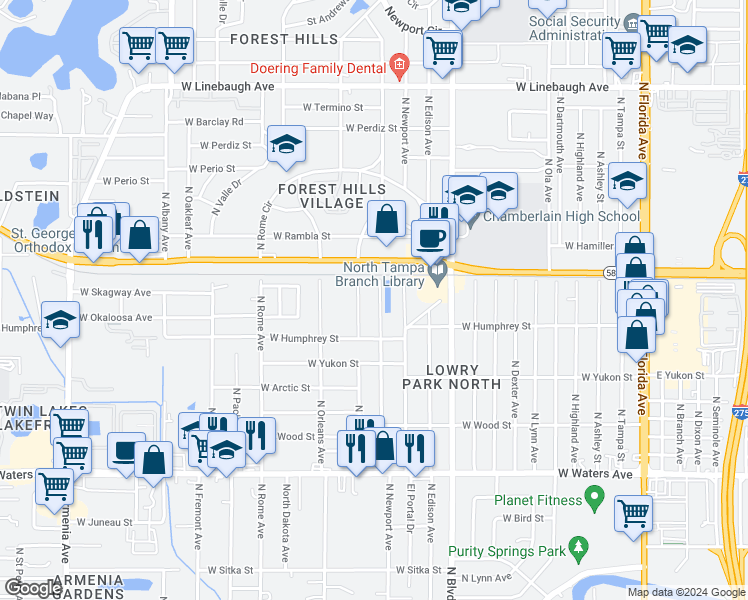 map of restaurants, bars, coffee shops, grocery stores, and more near 8921 North Willow Avenue in Tampa