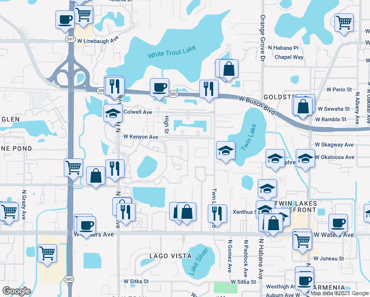 map of restaurants, bars, coffee shops, grocery stores, and more near 8562 North Himes Avenue in Tampa