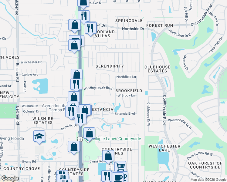 map of restaurants, bars, coffee shops, grocery stores, and more near 3046 Pepperwood Lane West in Clearwater