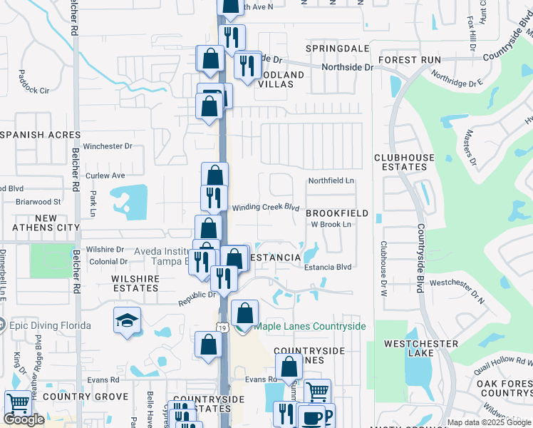 map of restaurants, bars, coffee shops, grocery stores, and more near 2400 Winding Creek Boulevard in Clearwater