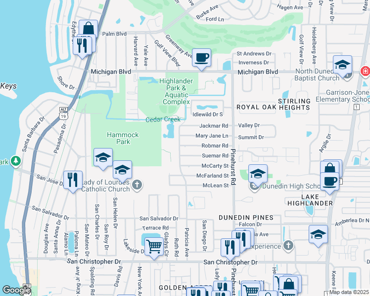 map of restaurants, bars, coffee shops, grocery stores, and more near 1011 Robmar Road in Dunedin