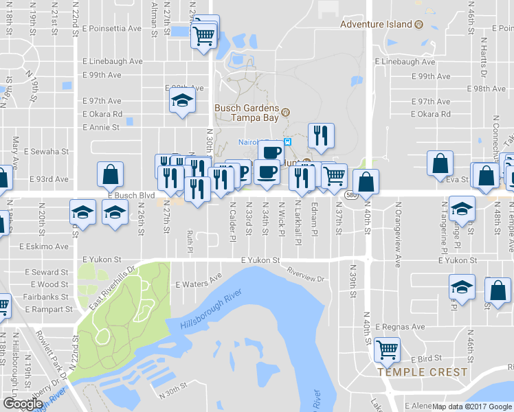 map of restaurants, bars, coffee shops, grocery stores, and more near 8741 N 33rd St in Tampa
