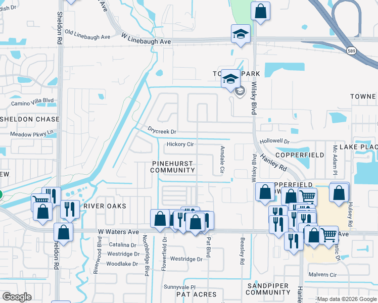 map of restaurants, bars, coffee shops, grocery stores, and more near 9007 Hickory Circle in Tampa