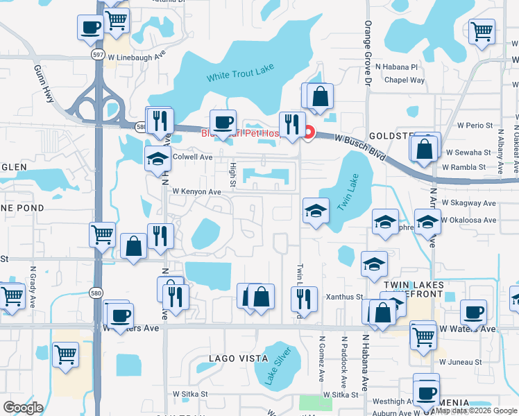map of restaurants, bars, coffee shops, grocery stores, and more near 8562 North Himes Avenue in Tampa