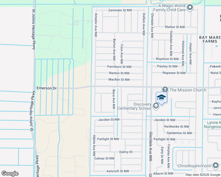 map of restaurants, bars, coffee shops, grocery stores, and more near 42 Emerson Drive Northwest in Palm Bay