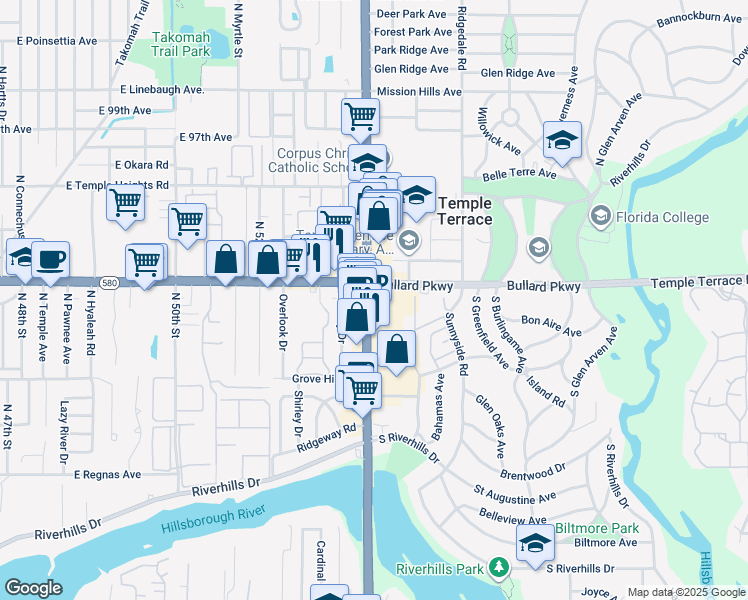 map of restaurants, bars, coffee shops, grocery stores, and more near in Temple Terrace