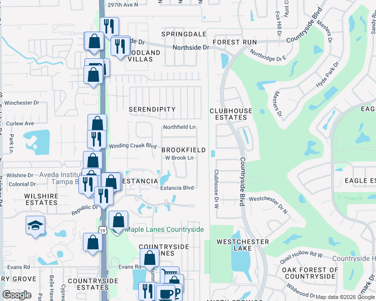 map of restaurants, bars, coffee shops, grocery stores, and more near 2575 Pine Cove Lane in Clearwater