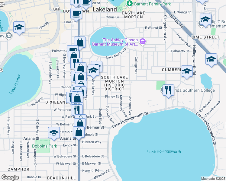 map of restaurants, bars, coffee shops, grocery stores, and more near 519 Charles Street in Lakeland