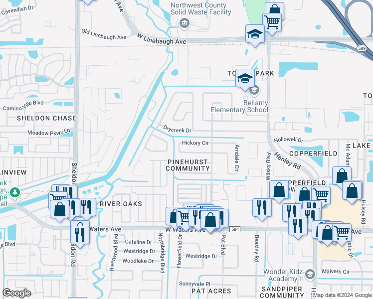 map of restaurants, bars, coffee shops, grocery stores, and more near 9021 Hickory Circle in Tampa