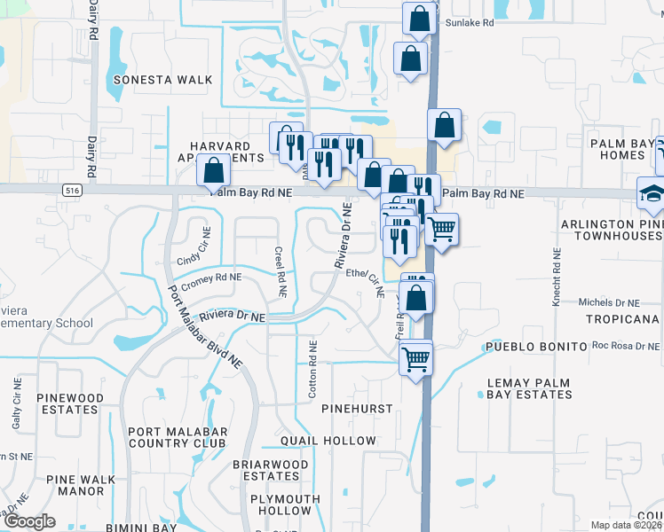 map of restaurants, bars, coffee shops, grocery stores, and more near 1398 Woodlawn Circle Northeast in Palm Bay