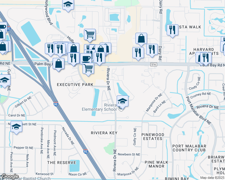 map of restaurants, bars, coffee shops, grocery stores, and more near 1420 Malibu Circle Northeast in Palm Bay