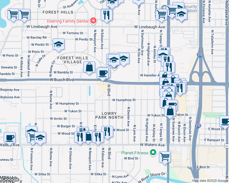 map of restaurants, bars, coffee shops, grocery stores, and more near 8914 North Hamner Avenue in Tampa