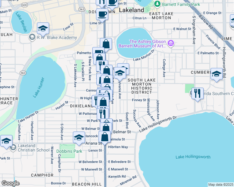 map of restaurants, bars, coffee shops, grocery stores, and more near 217 Charles Street in Lakeland