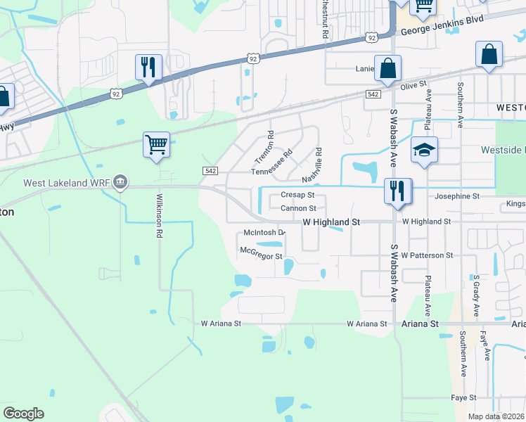 map of restaurants, bars, coffee shops, grocery stores, and more near 2536 Cannon Street in Lakeland