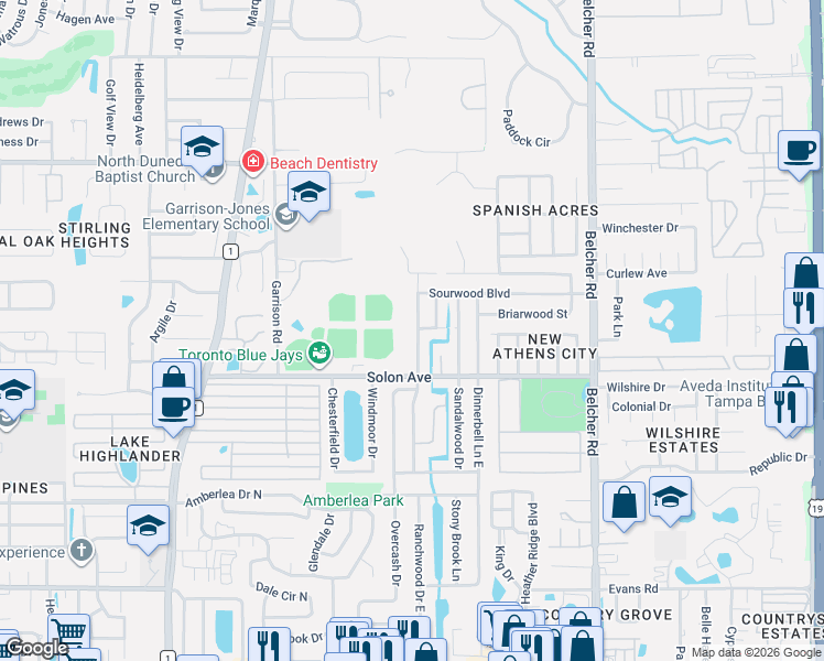 map of restaurants, bars, coffee shops, grocery stores, and more near 1558 Cottonwood Terrace in Dunedin