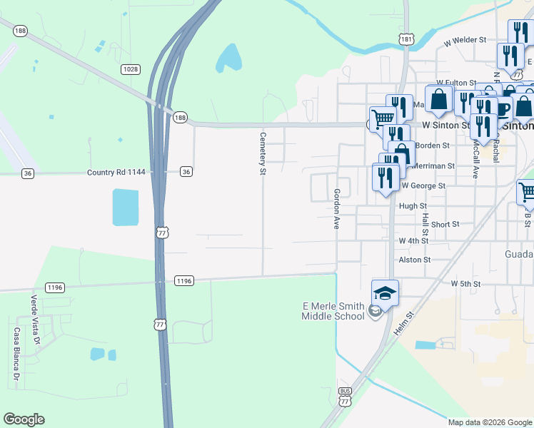 map of restaurants, bars, coffee shops, grocery stores, and more near 503 Cemetery Street in Sinton