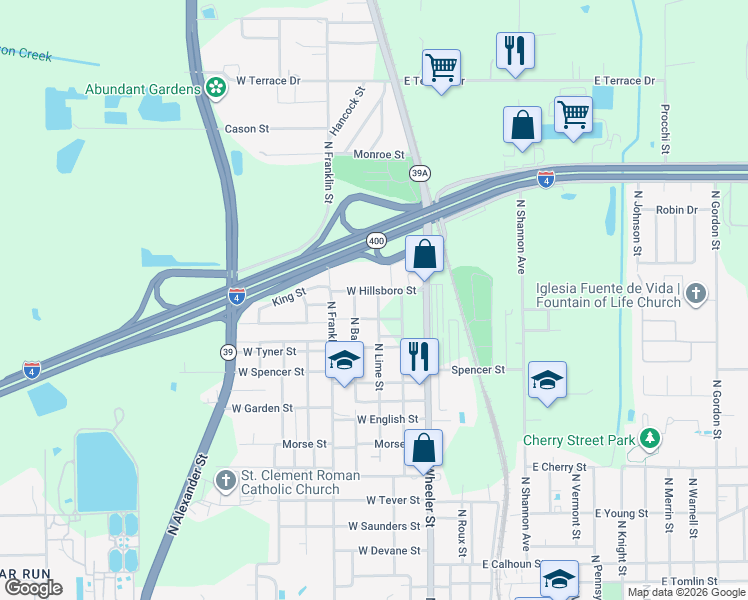 map of restaurants, bars, coffee shops, grocery stores, and more near 1911 North Lime Street in Plant City